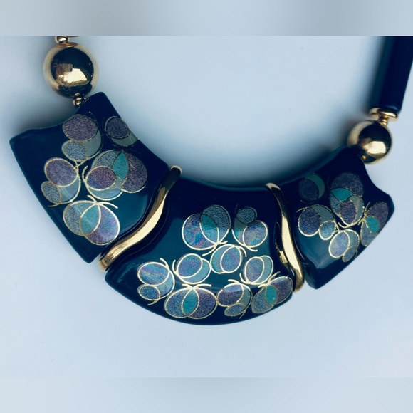 Vintage 2-Sided Japan Necklace Blue Cloisonné-like Design Gold Accents 45cm Long - Picture 7 of 10